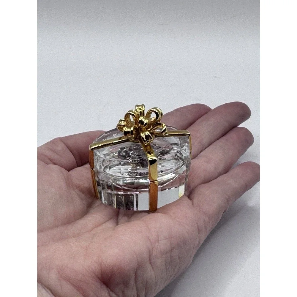 Glass Trinket Box Gold Bow Hinged Jewelry Holder Ring Box w Mirror